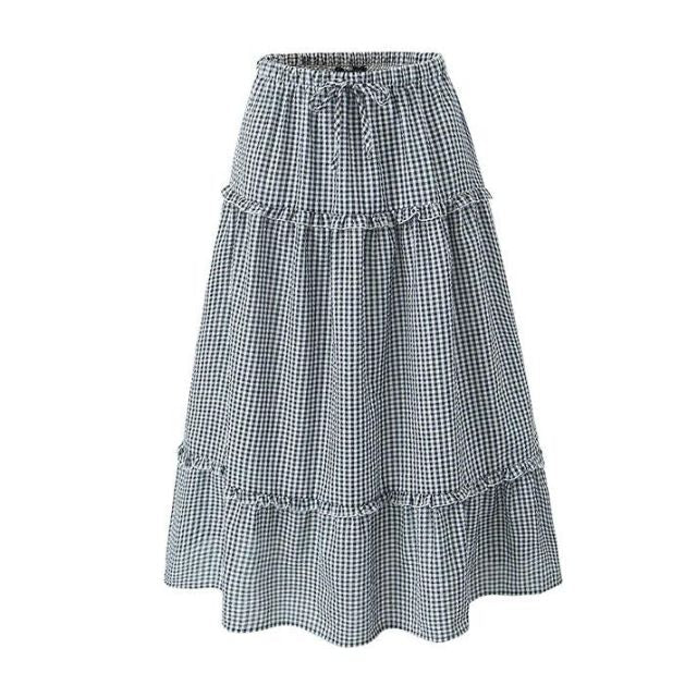 Fiona - lagdelt gingham midi-nederdel med flæsedetaljer