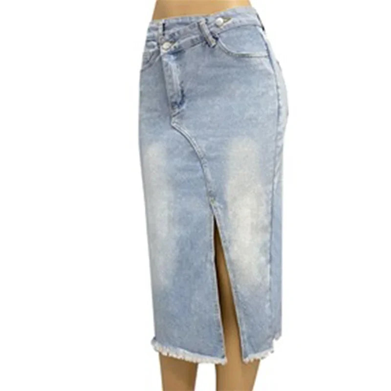 Sienna - denim midi-nederdel med flosset kant