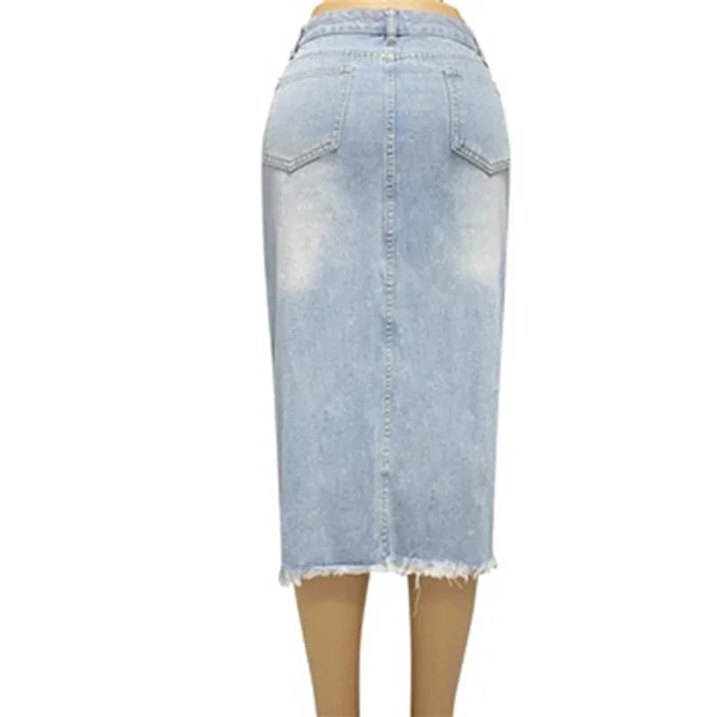 Sienna - denim midi-nederdel med flosset kant