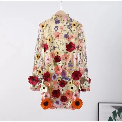 Felicity - Transparent Kjole med Blomsterapplikationer og Lange Ærmer
